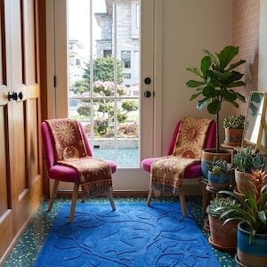 Blue Floral Tufted Rug, Modern Embossed Botanical Carpet, Soft Living Room Floor Rug