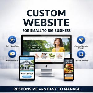Op de afbeelding: Afbeelding die diensten voor het ontwerpen van websites promoot, met een desktopcomputer, tablet en smartphone die website-modellen weergeven. Tekst bevat "Custom Website", "For Small to Big Business" en "Responsive and Easy to Manage."