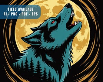 Howling Wolf Moon T-Shirt Design | Vintage Night Wolf Graphic Design | Forest Wildlife Vector PNG, PDF, Download Instant