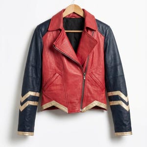 May include: A red leather jacket with navy blue sleeves and gold accents. The jacket features a classic asymmetrical zipper closure, a notched collar, and gold chevron stripes on the sleeves. The jacket is hanging on a wooden hanger.