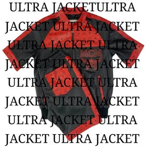 May include: Black and red tracksuit set. The jacket and pants feature red accents with a repeating pattern and the text "ULTRA JACKET" in white. The jacket has a zipper and the MCM logo.