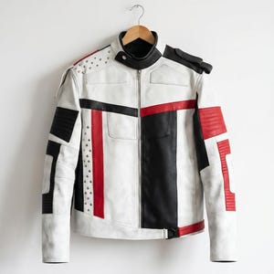 Puede incluir: Chaqueta de cuero blanca con detalles en negro y rojo, colgada de una percha de madera. La chaqueta presenta un cuello alzado, cierre de cremallera y detalles con tachuelas en los hombros. El diseño incorpora bloques de color geométricos y rayas rojas verticales.