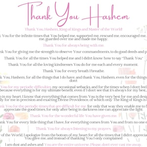 Può includere: Sfondo bianco con testo rosa "Thank You Hashem". Il testo è una preghiera di gratitudine, con illustrazioni floreali e botaniche sullo sfondo.
