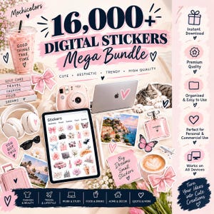 May include: A digital sticker mega bundle advertisement featuring the text 16,000+ DIGITAL STICKERS MEGA BUNDLE. The image displays various pink-themed icons, a tablet screen with sticker previews, a camera, a laptop, and a perfume bottle.