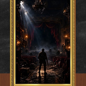 May include: A rectangular wall art print featuring a dark, atmospheric theatre interior with a lone figure standing in the centre aisle. The scene is framed by a decorative gold border with a Greek key pattern, set against a dark background.
