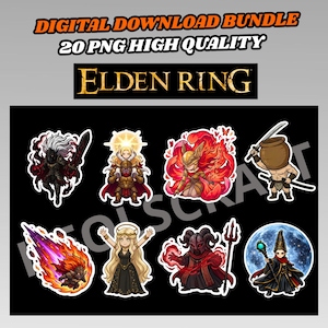 Op de afbeelding: Digitale downloadbundel van Elden Ring-stickers. De stickers tonen verschillende personages in cartoonstijl, met een zwarte achtergrond. De tekst "DIGITAL DOWNLOAD BUNDLE" en "20 PNG HIGH QUALITY" staan bovenaan en "ELDEN RING" in het midden.