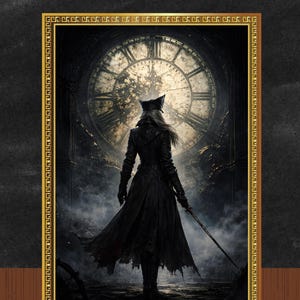 May include: Digital art print in a gold frame. It depicts a figure in a long black coat and hat, holding a sword, standing before a large clock face. The artwork has a dark, gothic aesthetic.