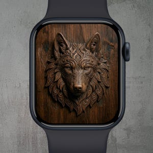 Sculpted Wolf Head Apple Watch Wallpaper, Dark Wood Carving Smartwatch Face (Digital Download)