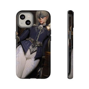 May include: A phone case featuring a digital art design. The case displays a person in a dark blue jacket with ornate silver details, white pants with a floral pattern, and a silver mask. The case is black on the sides.