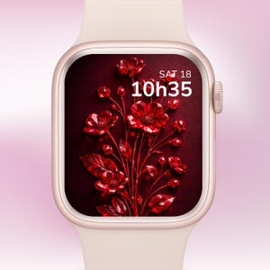 Fondo de pantalla floral rubí para Apple Watch, elegante esfera de reloj con flores rojas y gemas (descarga digital)