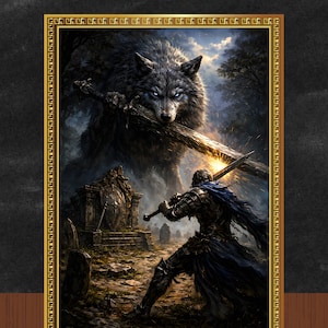 May include: A framed digital art print depicting a knight battling a giant wolf. The knight, clad in armor, wields a glowing sword. The wolf, with piercing blue eyes, holds a wooden beam. The background features a graveyard and forest.