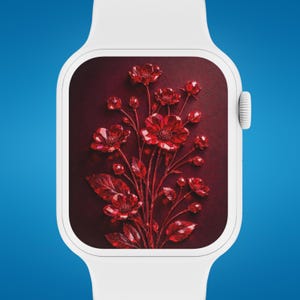 ルビーフローラルApple Watch壁紙、レッドクリスタルスマートウォッチ壁紙、エレガントな宝石の花のウォッチフェイス、デジタルダウンロード