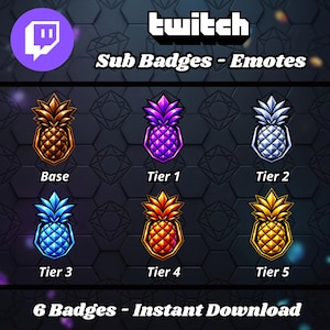 May include: A set of six digital pineapple-shaped Twitch sub badges and emotes in various colours including bronze, purple, silver, blue, red, and gold. Each badge is labelled with its tier level from Base to Tier 5, featuring a faceted gem design.