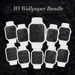 Peut inclure: Dix montres intelligentes blanches avec des motifs floraux noirs sur les écrans. Le texte "10 Wallpaper Bundle" est affiché au-dessus des montres. Le fond est un motif floral sombre.