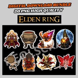 Op de afbeelding: Digitale downloadbundel met 20 hoogwaardige PNG-afbeeldingen. De afbeeldingen tonen verschillende personages en elementen uit de videogame "Elden Ring". De titel "ELDEN RING" staat in gouden letters op een zwarte achtergrond.