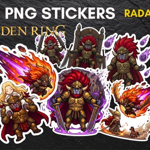 May include: A collection of 20 PNG stickers featuring characters from Elden Ring, including Radahn. The stickers showcase various action poses and character designs, with vibrant colors and detailed artwork. The text "20 PNG STICKERS" and "ELDEN RING" is visible.
