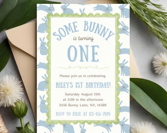 Invitación de primer cumpleaños de "Some Bunny is One" + Invitación móvil, Cumpleaños de conejito, 1.er cumpleaños, Plantilla editable de Canva, Género neutro
