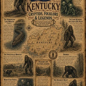May include: A vintage-style poster titled Kentucky Cryptids, Folklore & Legends featuring a map of Kentucky, the state flag, and illustrations of various creatures including the Pope Lick Monster, Kelly Green Men, and Dogmen with descriptive text.