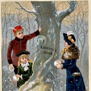 May include: Vintage illustration of a winter scene with children playing in the snow. A girl in a dark blue coat and hat holds a snowball, while a boy in a red coat gestures. A small dog runs in the snow. The text "RECKITT'S BLUE" is visible.