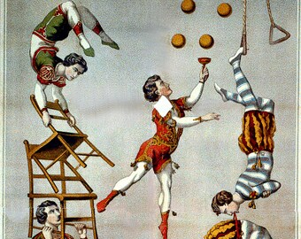 Vintage 1870 Circus Acrobatic Act! Vibrant Colors! 11 x 17 Reproduction
