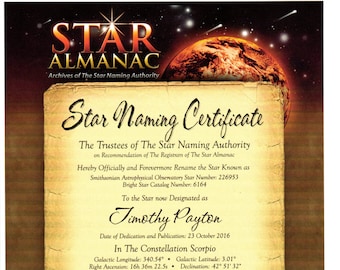 Personalized Star Naming Certificate Official Gift Giving and/or Memorial Star