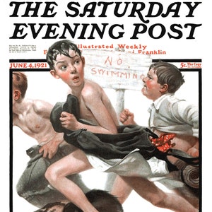 Saturday Evening Post 1921 No Swimming Norman Rockwell Cover Reproduction Giclee Print 11 x 14