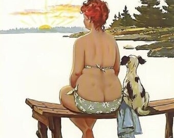 Puede incluir: Una mujer en traje de baño se sienta en un muelle de madera con un perro a su lado. La mujer mira hacia un lago con una puesta de sol en el fondo.