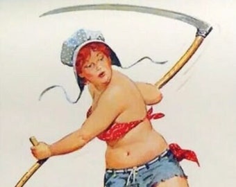 May include: A woman in a blue and white gingham dress and red bandana holds a scythe in a field of tall grass. A small white and black dog runs in the grass.