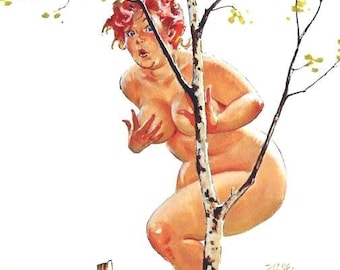 May include: Illustration of a nude person hiding behind a tree, with a surprised expression. A wooden sign with the words "NO SWIMMING" is in the foreground. The artwork has a vintage, cartoonish style.