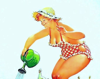 May include: A woman in a red and white checkered swimsuit waters a field of yellow ducklings with a green watering can. The woman is wearing a straw hat and has a smile on her face. The ducklings are scattered across the green grass.