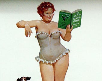 May include: A woman in a white lingerie dress with a dog sitting on a pink rug. She is holding a book titled "The Art of Pantomime".