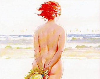 May include: A woman with red hair stands on a beach with her back to the viewer. She is holding a straw hat in front of her and looking out at the ocean. A small dog sits in the grass behind her.