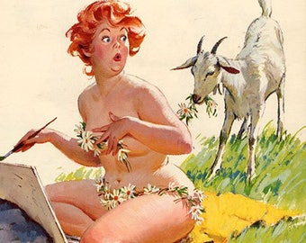Puede incluir: Una mujer desnuda con cabello rojo se sienta en un campo de hierba, pintando en un lienzo. Lleva una guirnalda de flores alrededor del pecho y las caderas. Una cabra blanca está de pie detrás de ella, comiendo hierba.