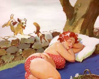 May include: A woman in a red and white polka dot bikini is sleeping on a blue blanket under a tree. There is a basket of white flowers and a dog in the background.