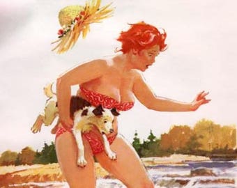 Puede incluir: Una mujer con el pelo rojo que lleva un bikini de lunares rojos y blancos y un sombrero de paja camina por un arroyo rocoso con un perro pequeño blanco y marrón en sus brazos.