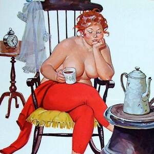 Duane Bryers Vintage Hilda Plus Size Girl 1950's Reproduktion Print Sleepy, Schaukelstuhl, Coffee #94