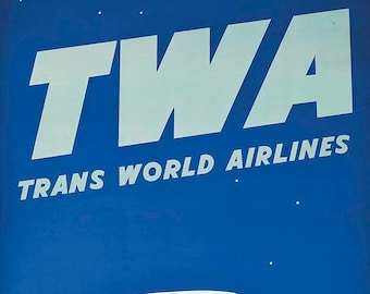 May include: A vintage TWA Trans World Airlines poster featuring a silver airplane flying through a blue sky with white clouds. The poster text reads "TWA Trans World Airlines" and "U.S.A. Europe Africa Asia".