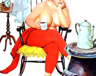 Duane Bryers Vintage Hilda Plus Size Girl 1950&#39;s  Reproduction Print Sleepy, Rocking Chair, Coffee#94