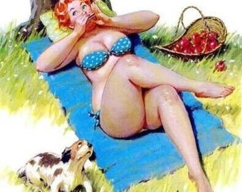 Puede incluir: Ilustración vintage de una mujer en bikini azul con lunares tomando el sol sobre una manta azul. Una cesta de cerezas, un tocón de árbol y un perro pequeño también están en la escena. La obra está firmada "Duane Bryers".
