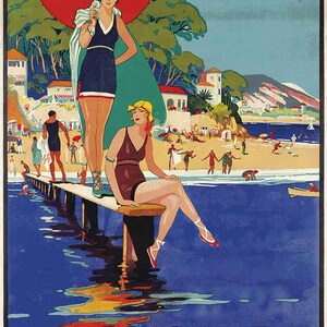 Summer Time Riviera 1930  Vintage Reproduction Travel Poster 11x17 Wall Hanging Art Print Vacation Man Cave She Shed Airline Train