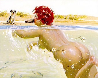May include: A woman with red hair dives into a lake, her body submerged in the water.  She is wearing a swimsuit and a stick is in her mouth.  A dog is on the shore, and there are fish swimming in the water.  The artist's signature, "Duane Bryers", is in the bottom left corner.