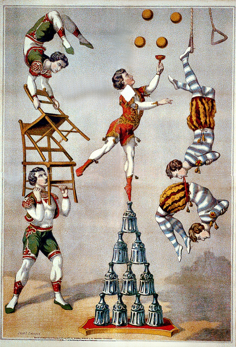 Vintage 1870 Circus Acrobatic Act Vibrant Colors 11 x 17 image 1