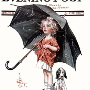 Samstag Abend Post 25 April 1914 Cover Reproduktion Giclée-Druck 11 x 14 Kind und Welpe im Vintage Regen