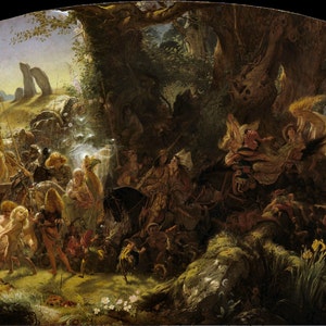 Könnte beinhalten: Ein Gemälde, das eine fantastische Szene mit einer Gruppe von Figuren in einer Waldlandschaft darstellt. Die Figuren sind in verschiedenen Kostümen gekleidet und scheinen an einer Prozession oder einem Treffen teilzunehmen. Die Szene ist gefüllt mit üppigem Grün, hoch aufragenden Bäumen und einem Gefühl von Geheimnis und Wunder.