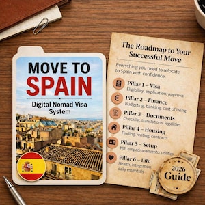 Könnte beinhalten: Ein Leitfaden mit dem Titel "Move to Spain" mit dem Text "Digital Nomad Visa System" und einer spanischen Flagge. Daneben befindet sich ein Fahrplan für die Umsiedlung, der Visa, Finanzen, Dokumente, Wohnen, Einrichtung und Lebensnotwendiges auflistet. Ein Leitfaden für 2026 ist ebenfalls vorhanden.