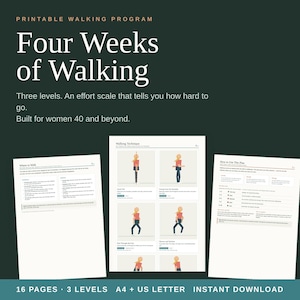 May include: A printable four-week walking programme document featuring three levels of intensity and an effort scale. The pages include text, diagrams of walking techniques, and instructions for use, formatted for A4 and US Letter paper sizes.