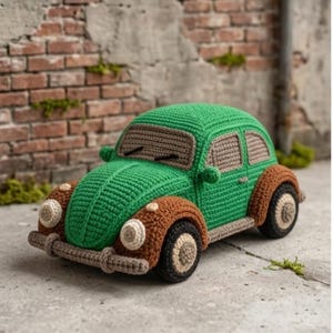 May include: A crochet toy car in bright green with brown fenders, bumpers, and wheels. The vehicle features tan-colored windows and circular headlights. The design mimics a classic compact car shape with detailed stitching throughout the body.