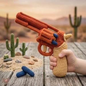 Può includere: Un revolver giocattolo all'uncinetto con canna e tamburo color ruggine e impugnatura color cuoio. Il tamburo include due piccoli pezzi rimovibili a forma di proiettile blu scuro, con altri due pezzi blu abbinati posizionati nelle vicinanze.