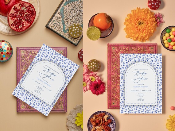 Blue and White Vintage Floral Baby Shower Invitation Canva