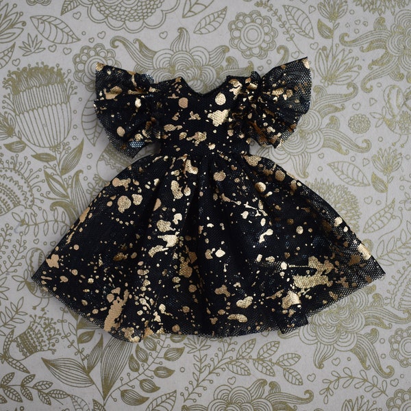 Black and Gold Tulle Blythe Dress Ruffles Fashion Doll Outfit Be My Baby Cherry Licca Momoko Jdoll Pullip Dress Shoulder Frills